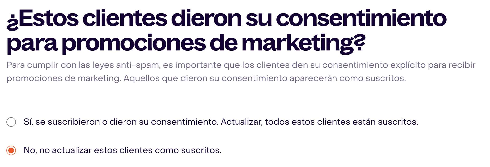 Importación ficticia con No seleccionado en la pregunta de consentimiento de marketing.