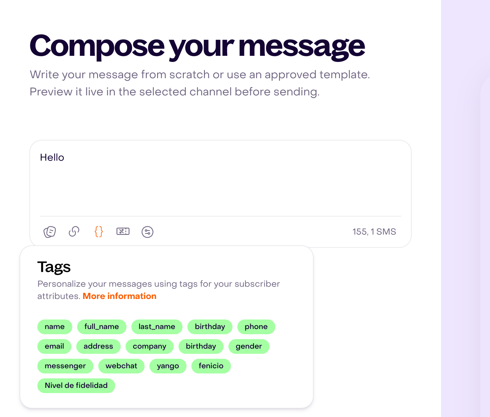 Open Tags selector in a campaign editor with profile fields and Nivel de fidelidad.