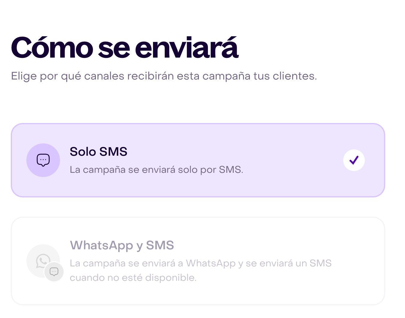 En Cómo se enviará, Solo SMS está seleccionado y WhatsApp y SMS aparece deshabilitado en una cuenta ficticia.