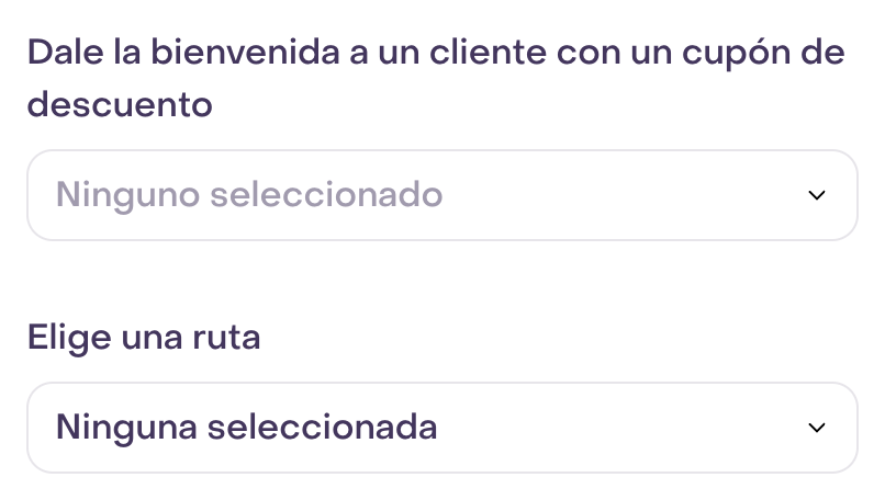 Paso opcional de un formulario ficticio con selectores de cupón y ruta sin asignar.