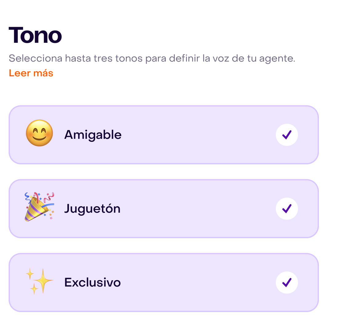 Control de tono con Amigable, Juguetón y Exclusivo seleccionados.