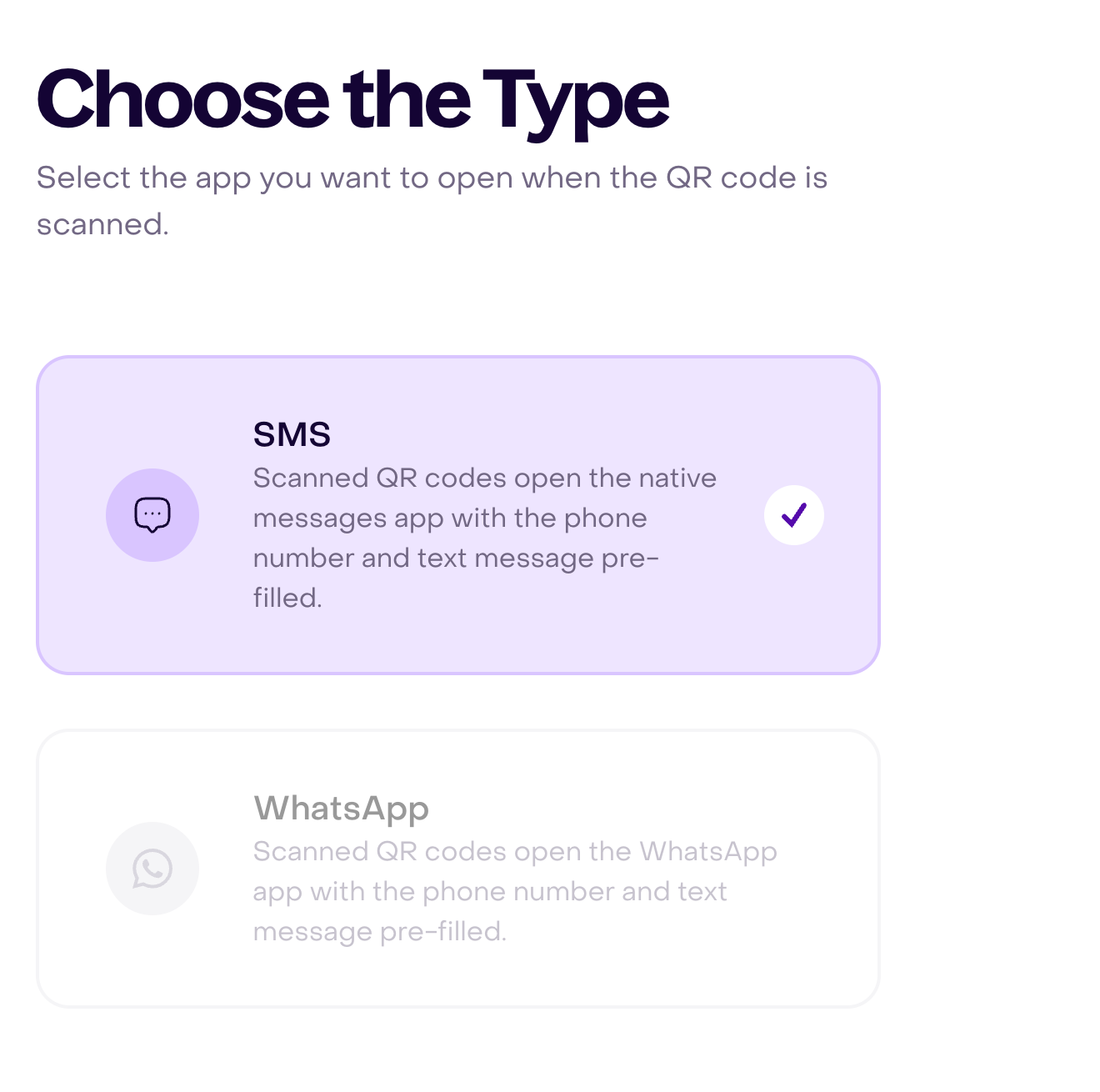 Choose the Type step: SMS selected and WhatsApp unavailable for this account.