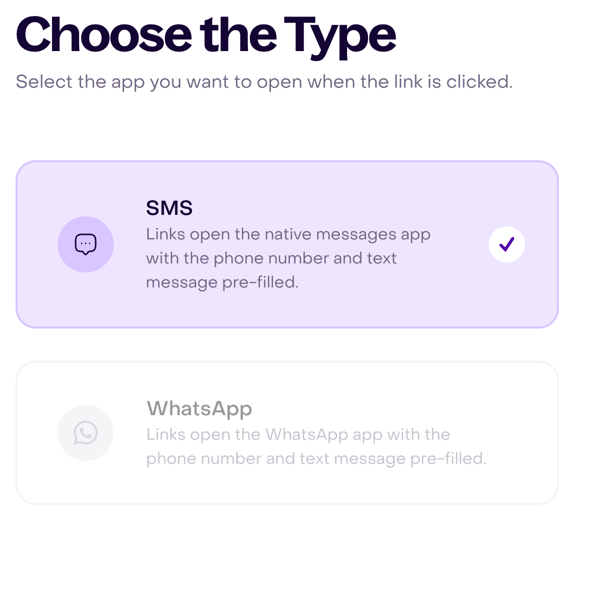 Type selector with SMS selected and WhatsApp unavailable in the fictional account.