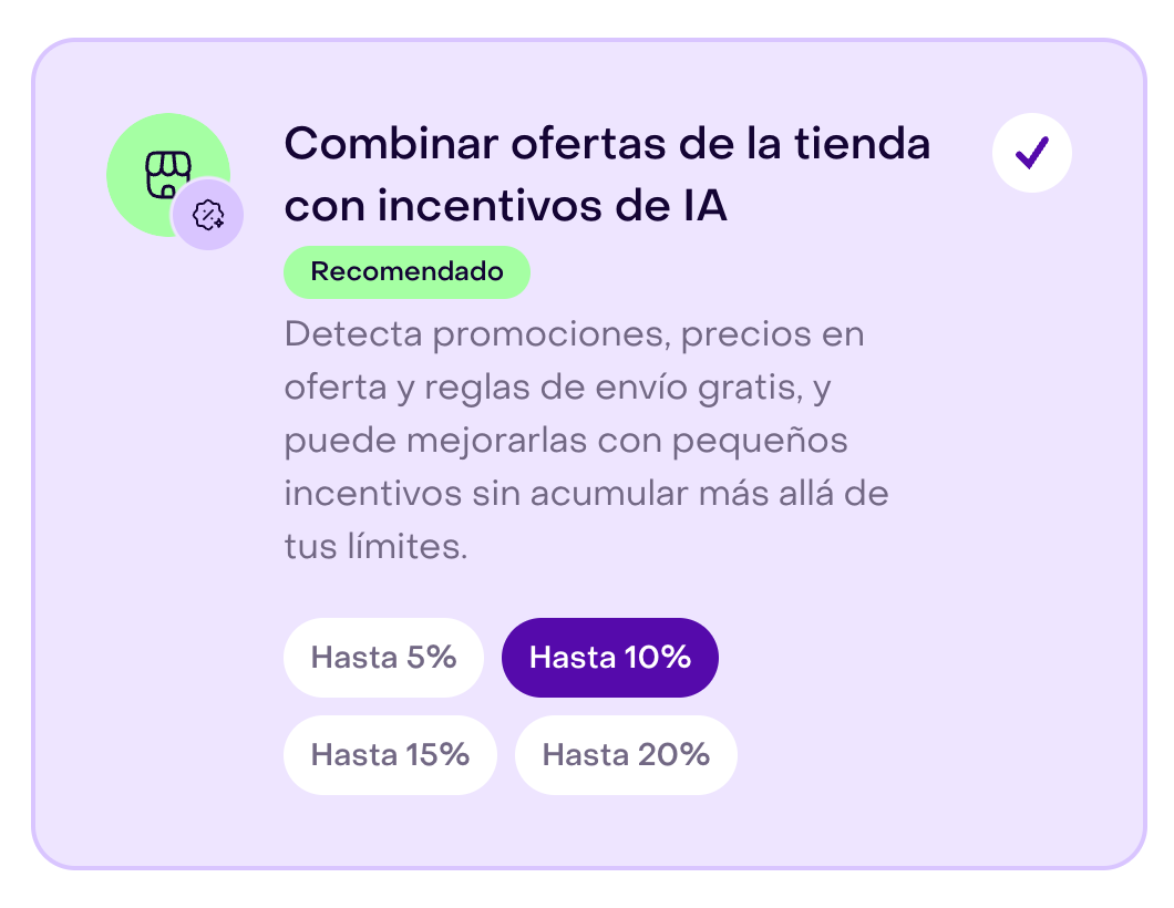 Estrategia de incentivo seleccionada con el porcentaje 10% resaltado entre 5%, 10%, 15% y 20%.