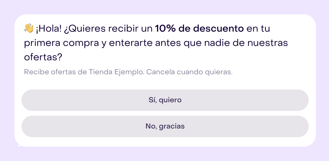 Vista previa de la invitación de Impulsor de Suscriptores con un incentivo del 10%, consentimiento y opciones para aceptar o rechazar.