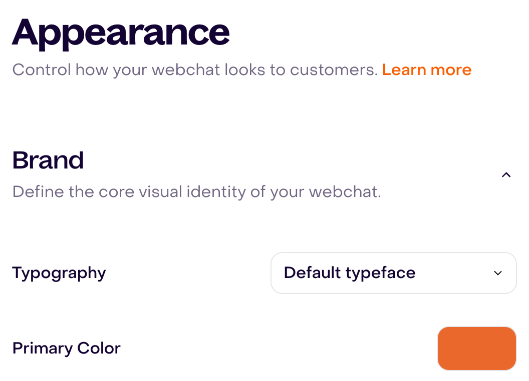 Webchat brand controls, including typography and primary color.