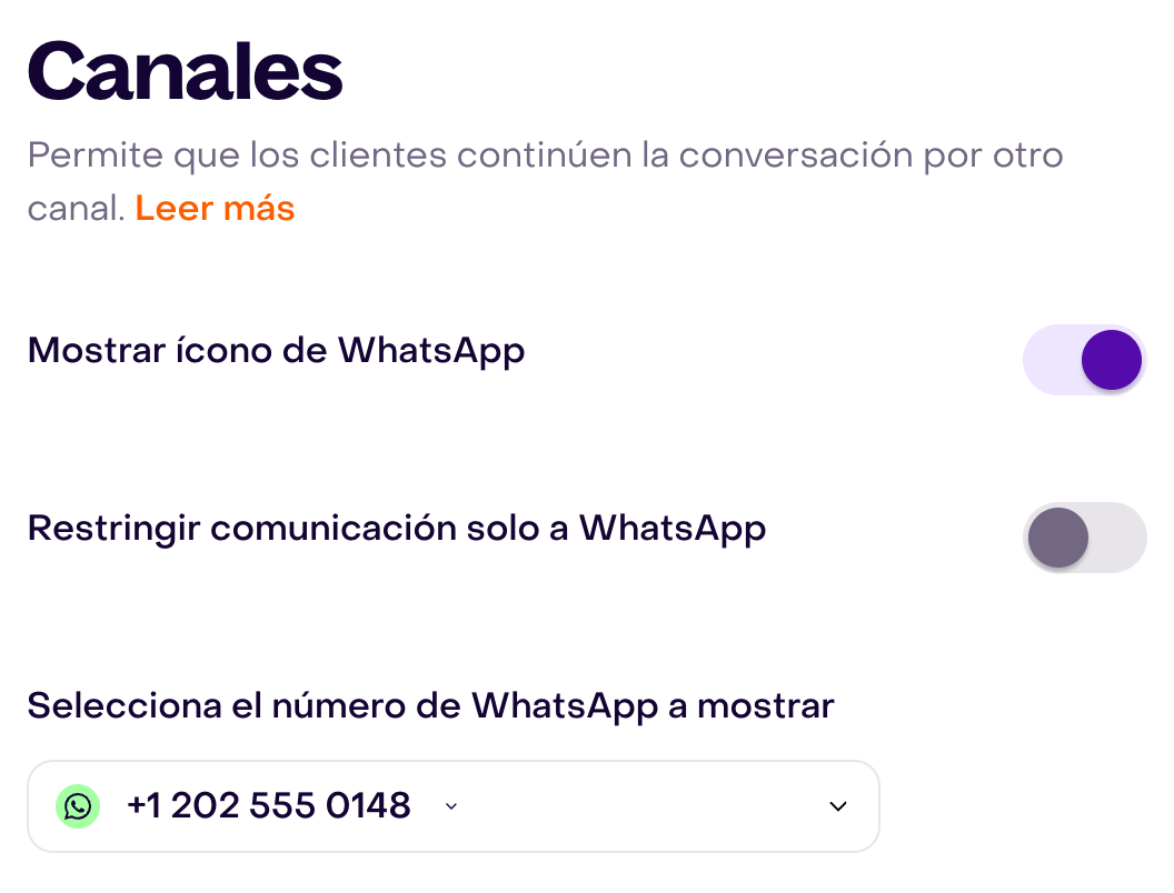 Ícono de WhatsApp activo con un número ficticio, sin restringir el chat a ese canal.