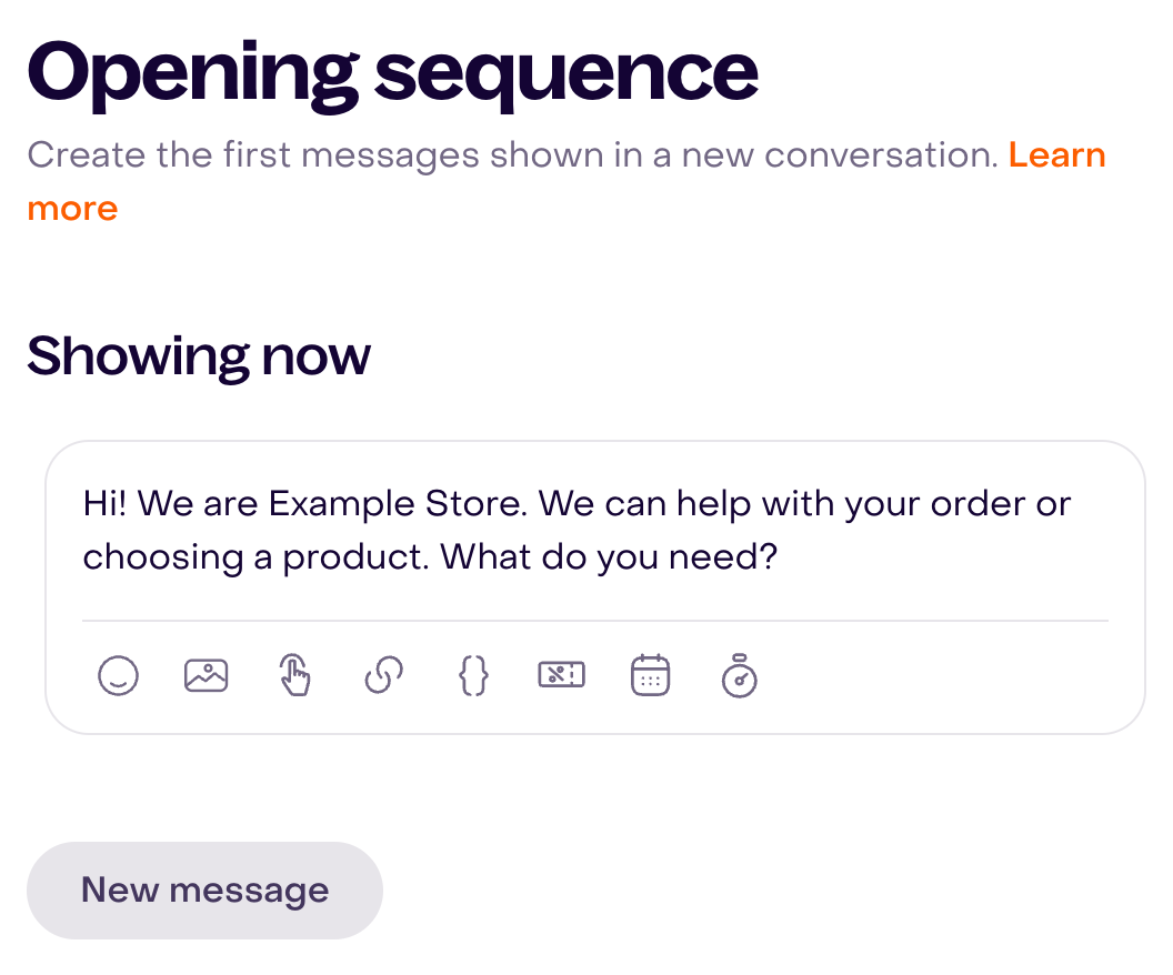 Configuration and preview of the fictional Webchat greeting.