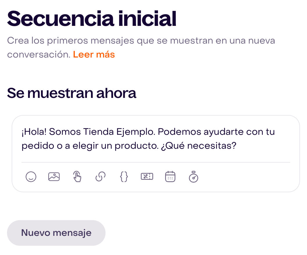Configuración y vista previa del saludo ficticio de Webchat.