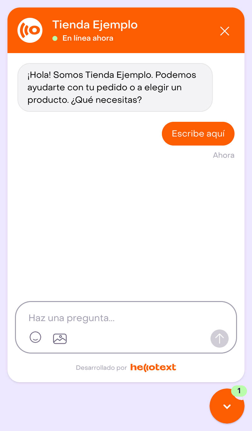Preview completo del Webchat de Tienda Ejemplo, con saludo, campo de mensaje y lanzador.