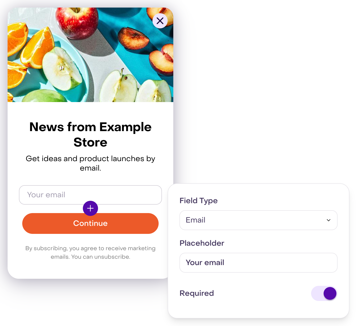 Field type, placeholder and required email controls; wide screens also show the fictional popup with a header image.