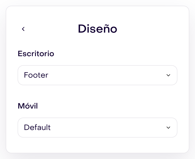 Panel Diseño con layouts separados para escritorio y móvil.