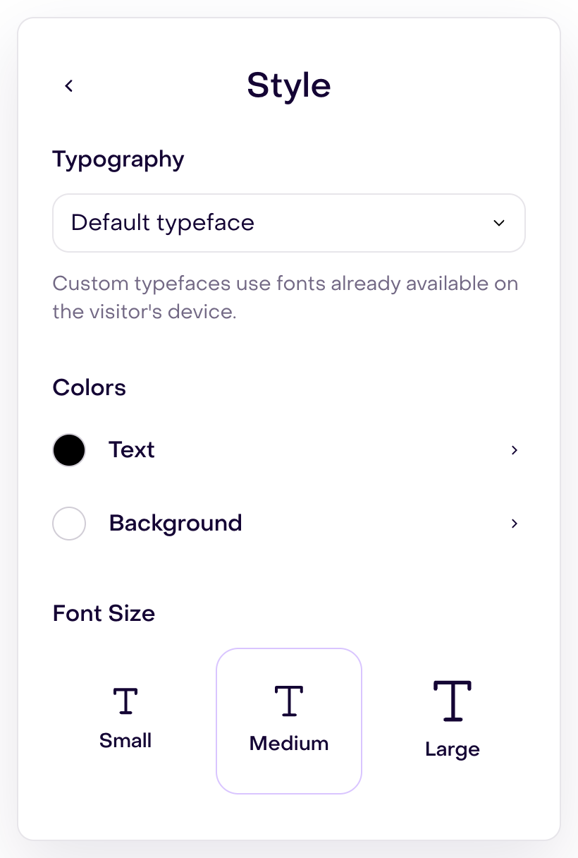 Style panel with typography, text and background colors and font size.