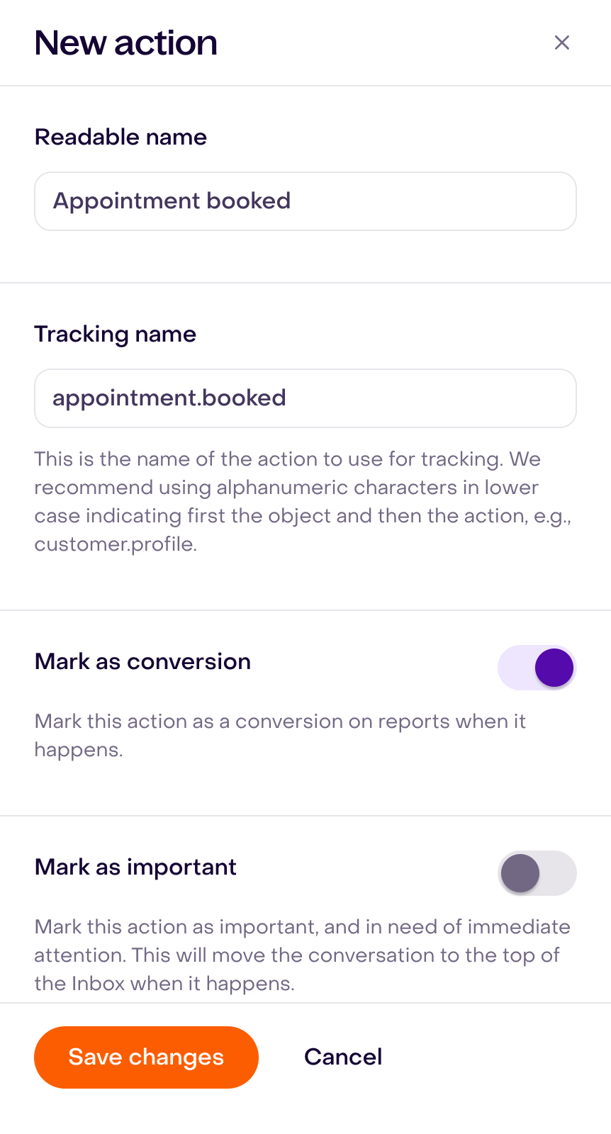 New action draft: Appointment booked, appointment.booked, conversion enabled and importance disabled.
