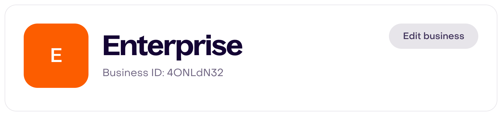 Settings for the fictional Enterprise business with Business ID 4ONLdN32 and Edit business.