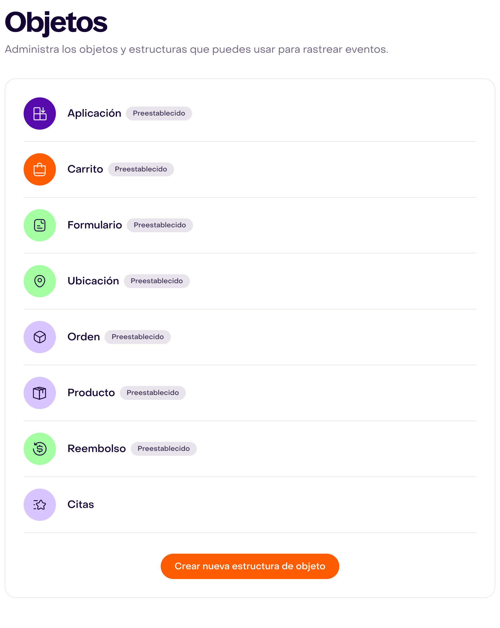 Catálogo de Objetos con siete estructuras preestablecidas, Citas y Crear nueva estructura de objeto.