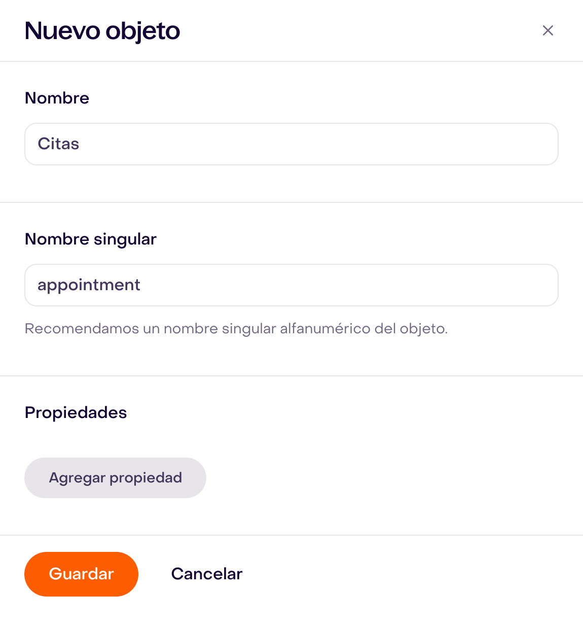 Borrador de Nuevo objeto con Nombre Citas y Nombre singular appointment, antes de agregar propiedades.