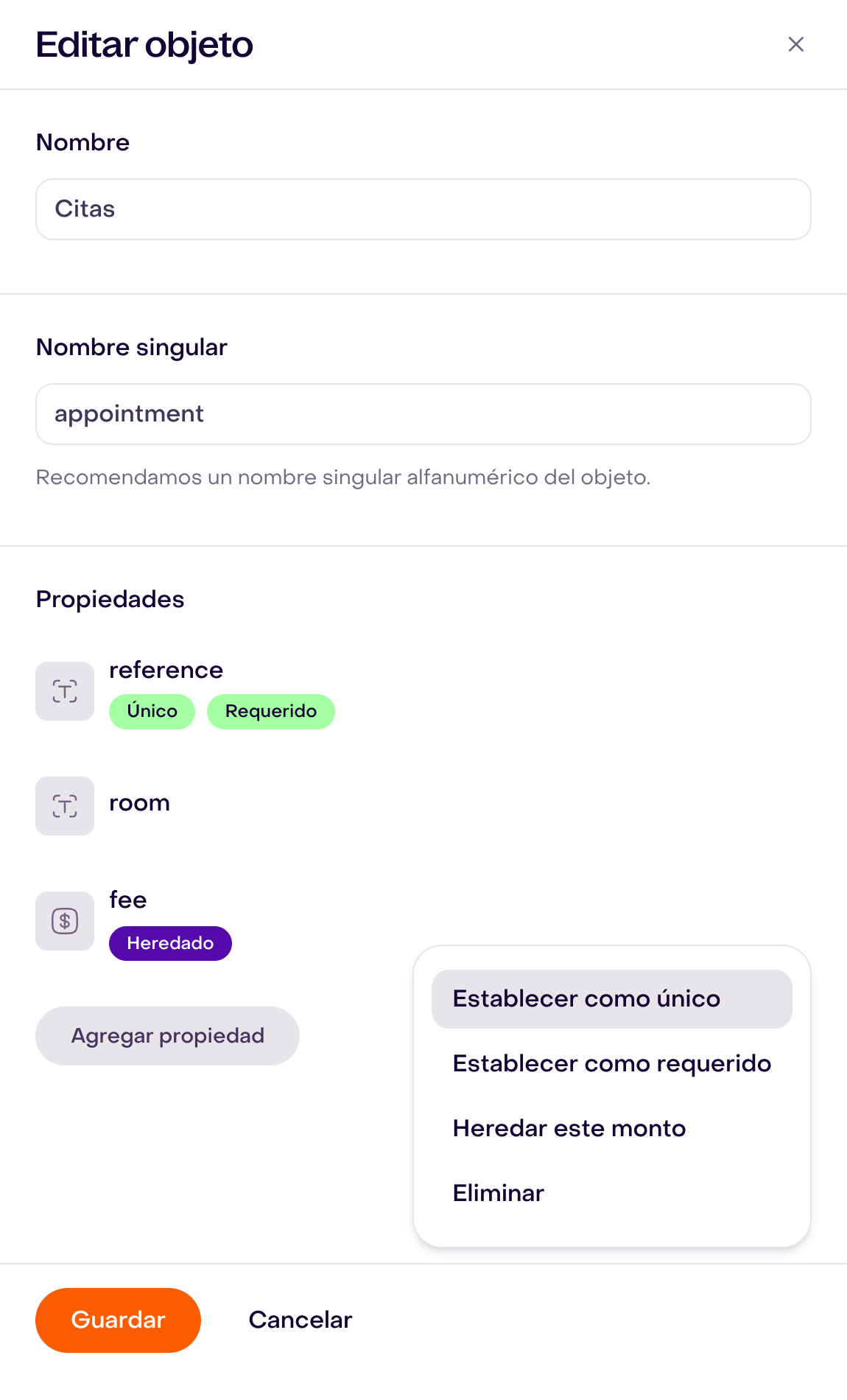 Propiedad de dinero fee con Heredado y menú Heredar este monto, junto a reference y room.