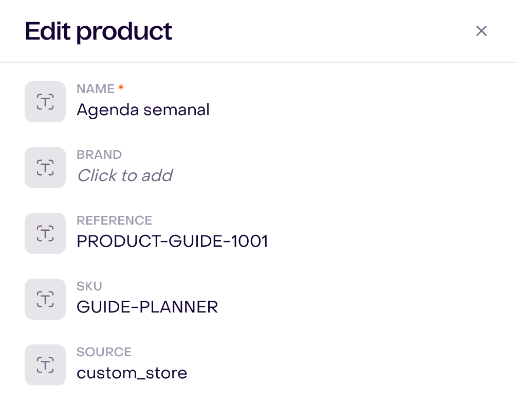 Actual editor of fictional Agenda semanal product with PRODUCT-GUIDE-1001 reference, GUIDE-PLANNER SKU, and custom_store source.