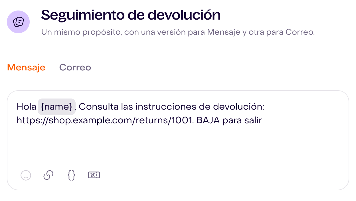 Editor real de Mensaje con un borrador de SMS completo, propiedad name, URL y baja.