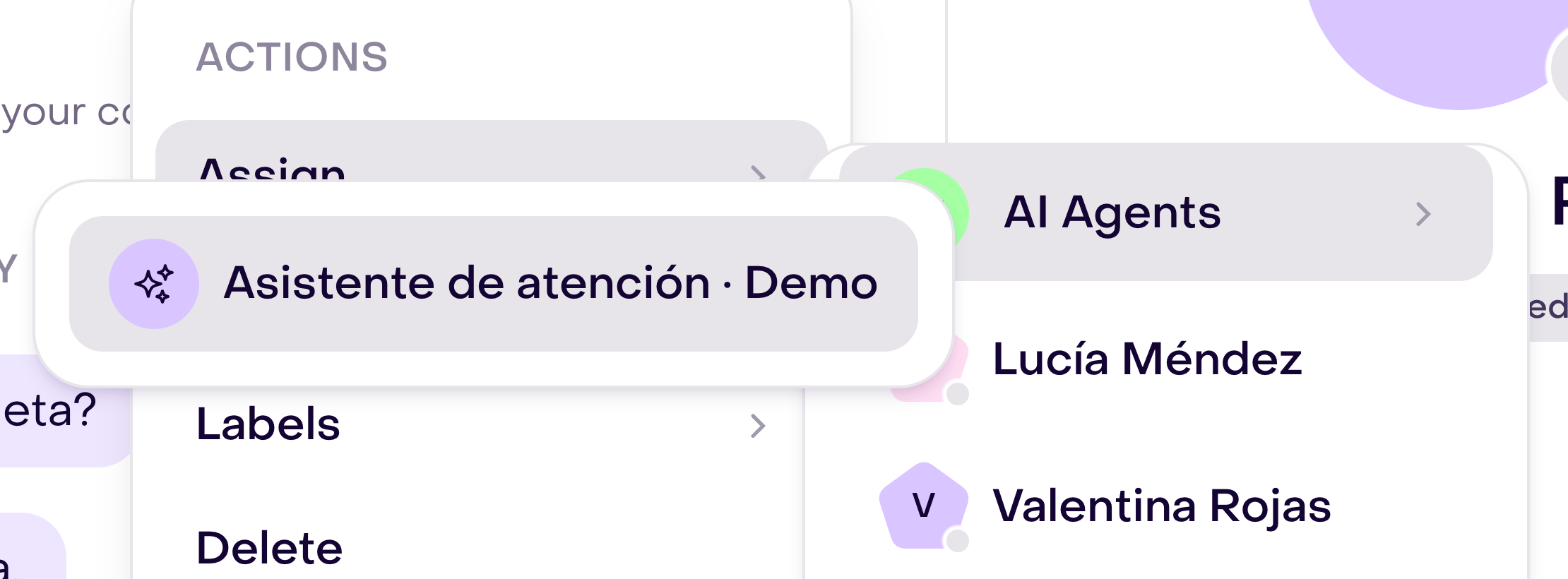 Assign menu for a fictional conversation with the AI Agents group and its agent list open.
