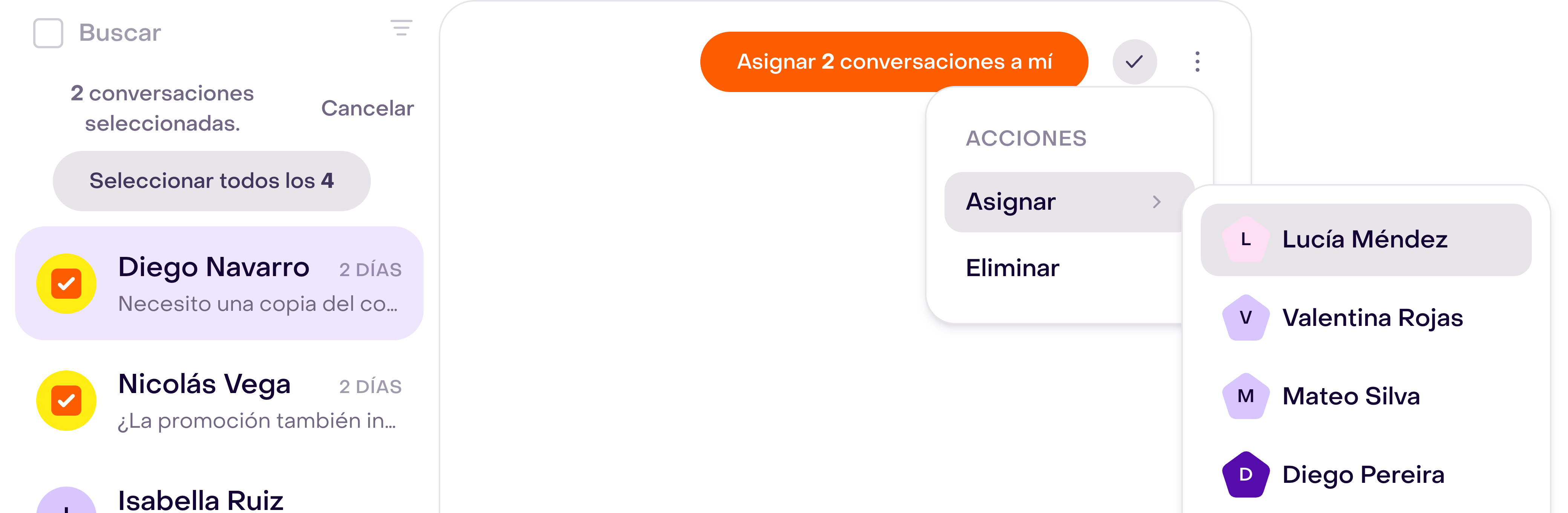 Controles para asignar dos conversaciones ficticias seleccionadas, con el menú Asignar y una persona del equipo visibles.