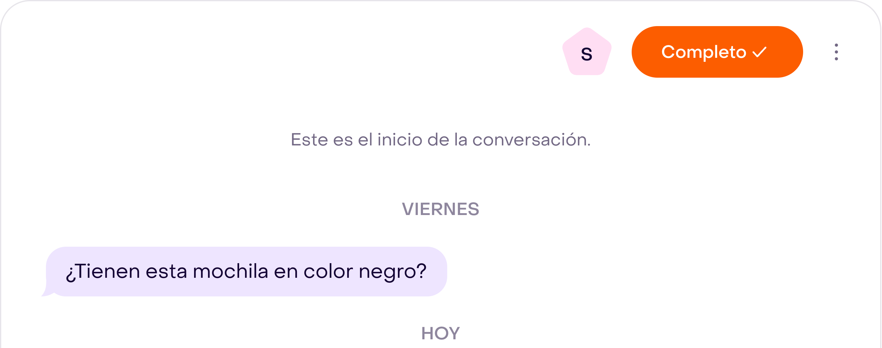 Encabezado de la misma conversación ficticia después de usar Asignarme, con el avatar de la persona responsable.