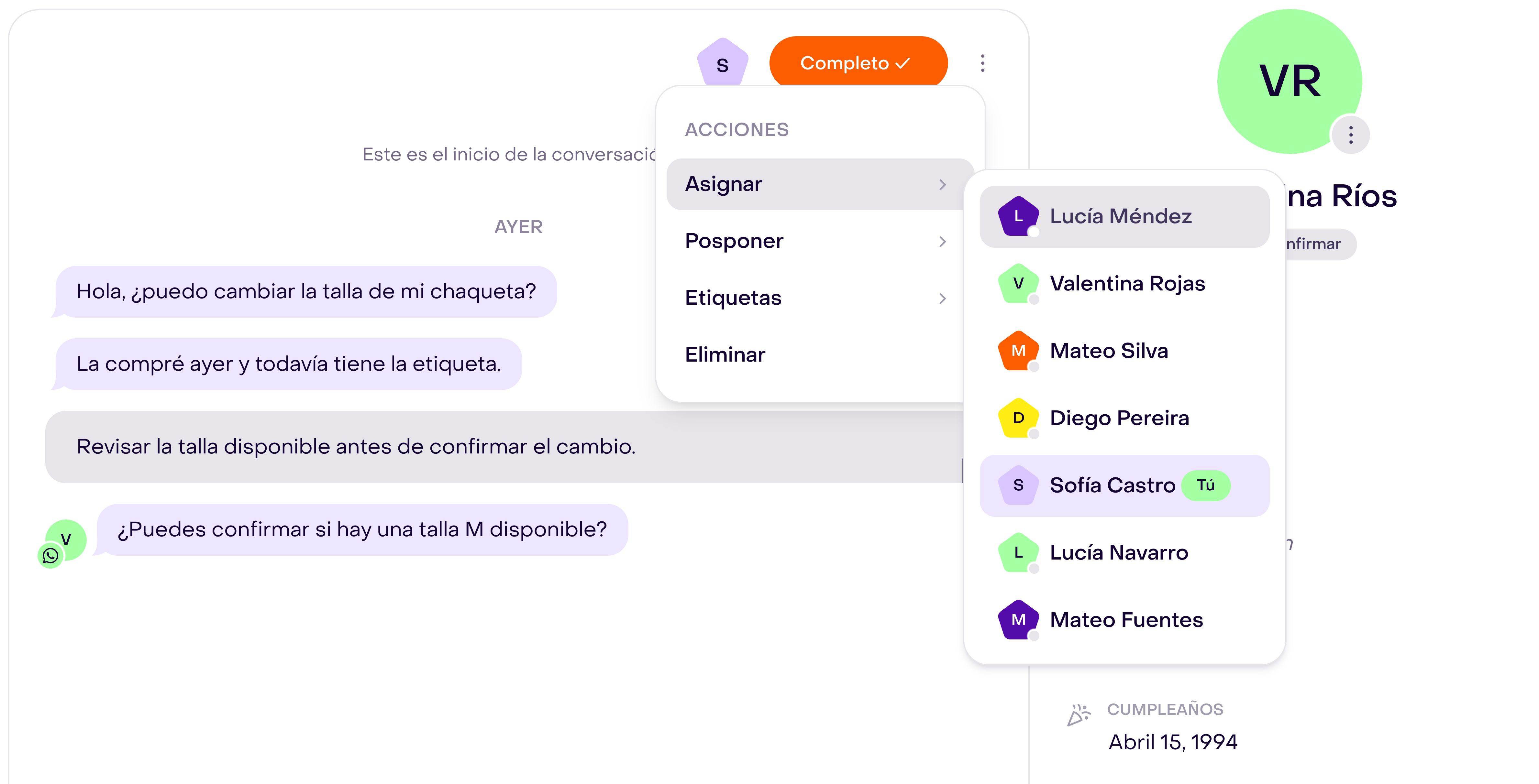 Menú Acciones del Inbox con Asignar abierto y opciones de integrantes para elegir.