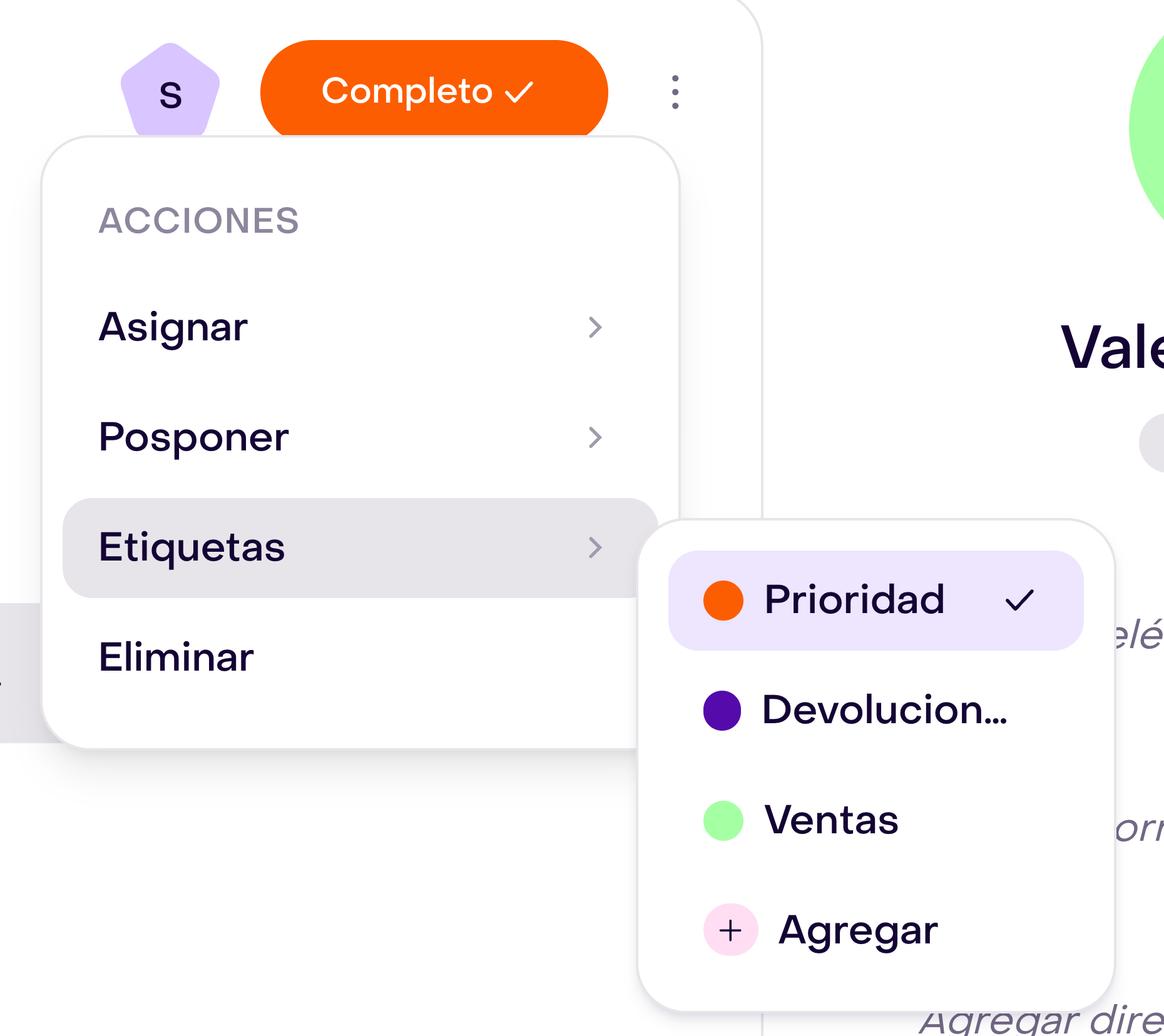 Menú Etiquetas de una conversación con una etiqueta seleccionada.