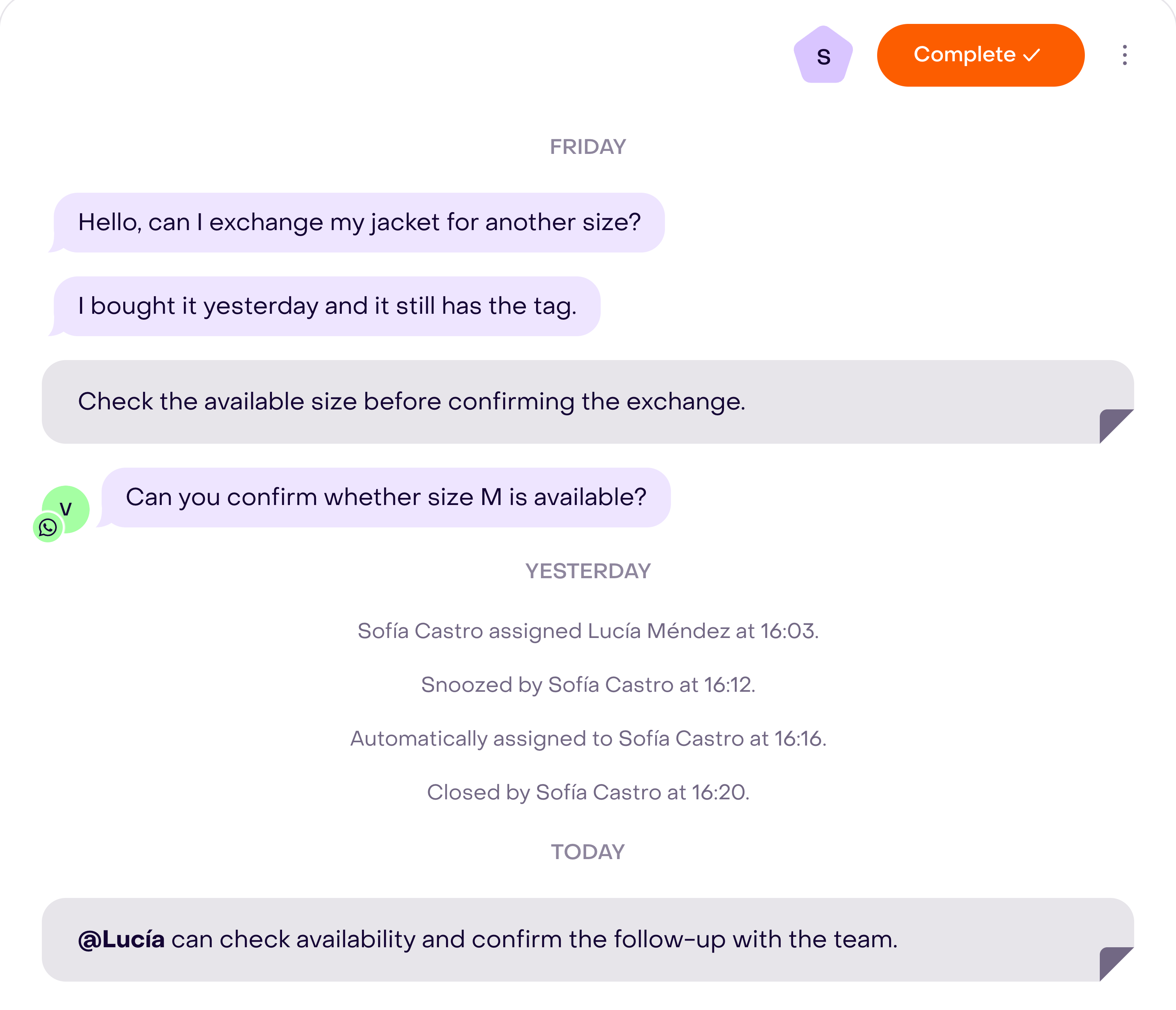 An internal note with a mention in an Inbox conversation.