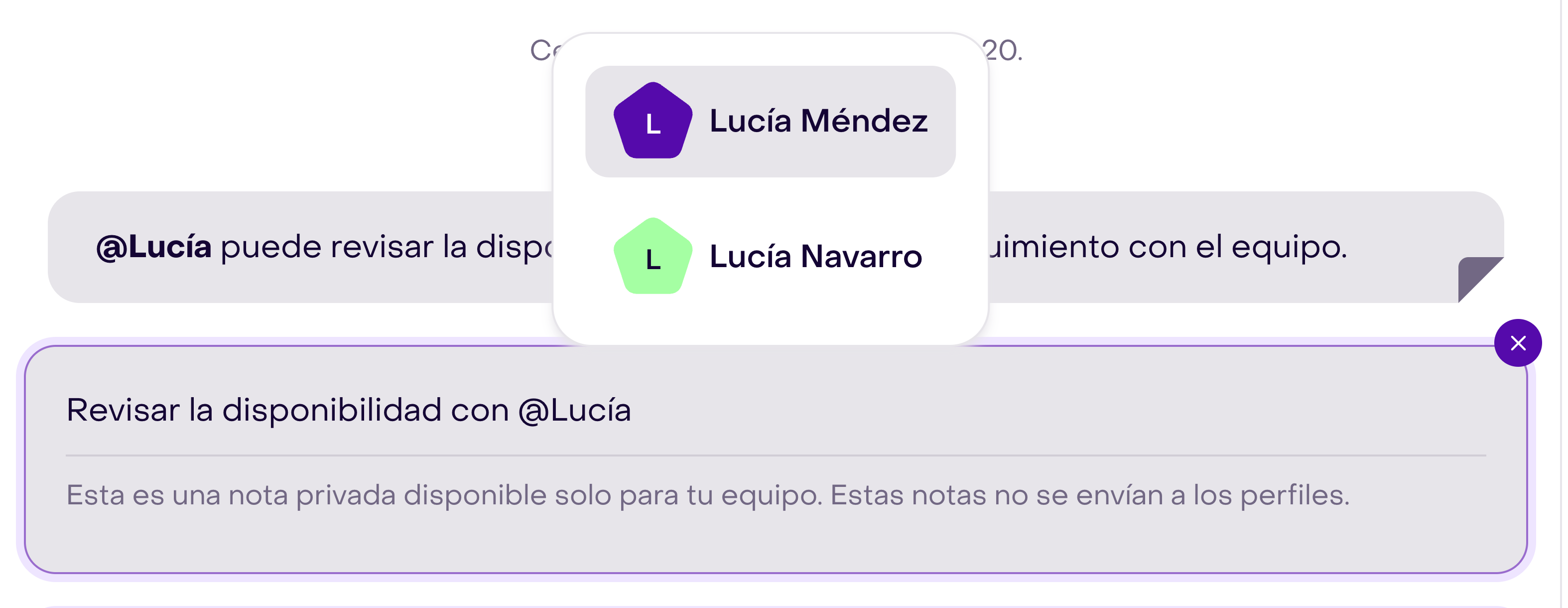 Borrador de nota privada con el selector de integrantes para agregar una mención.