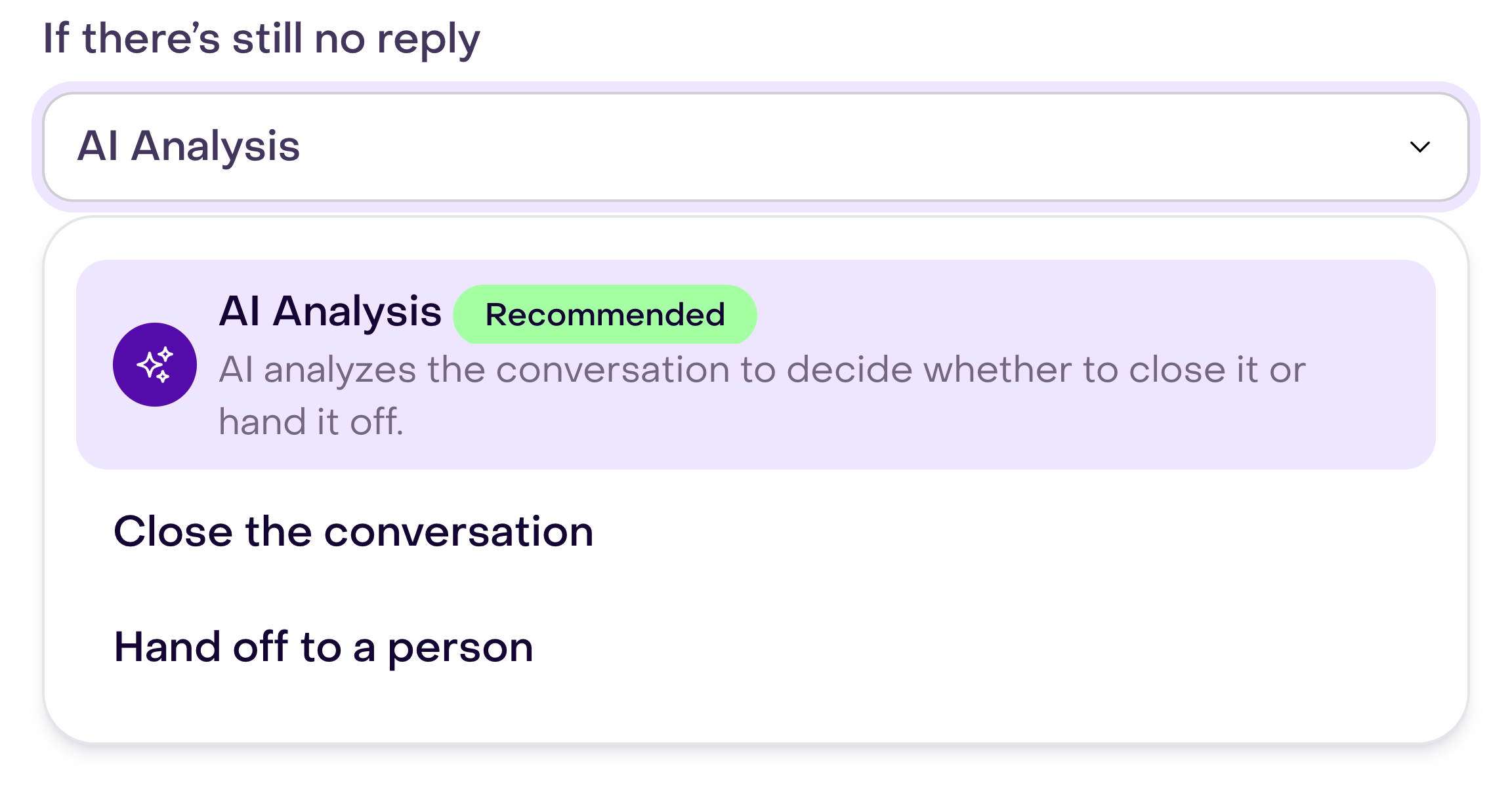 Final-action menu with AI Analysis, Close the conversation, and Hand off to a person.