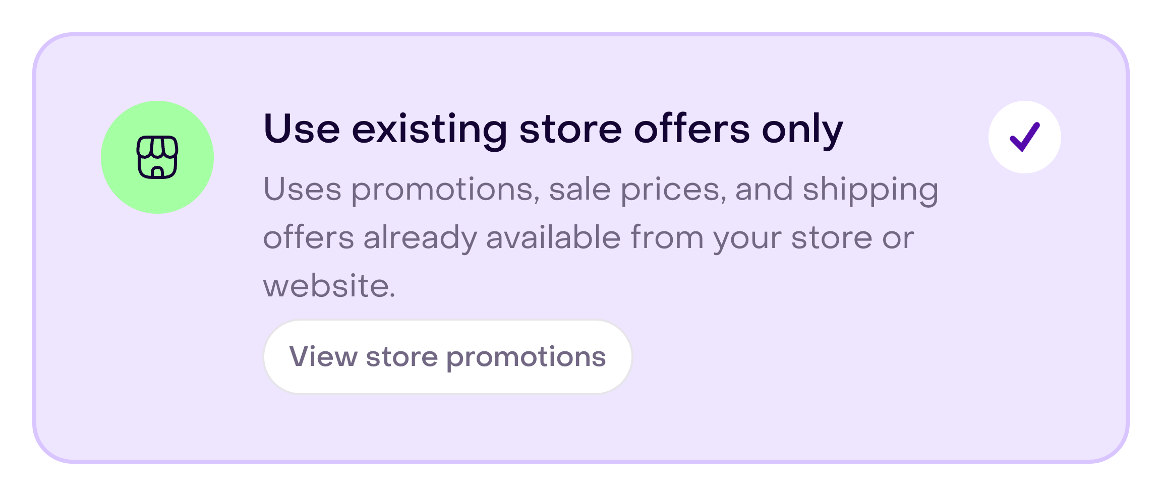 Existing-store-offers strategy selected, with the View store promotions button.