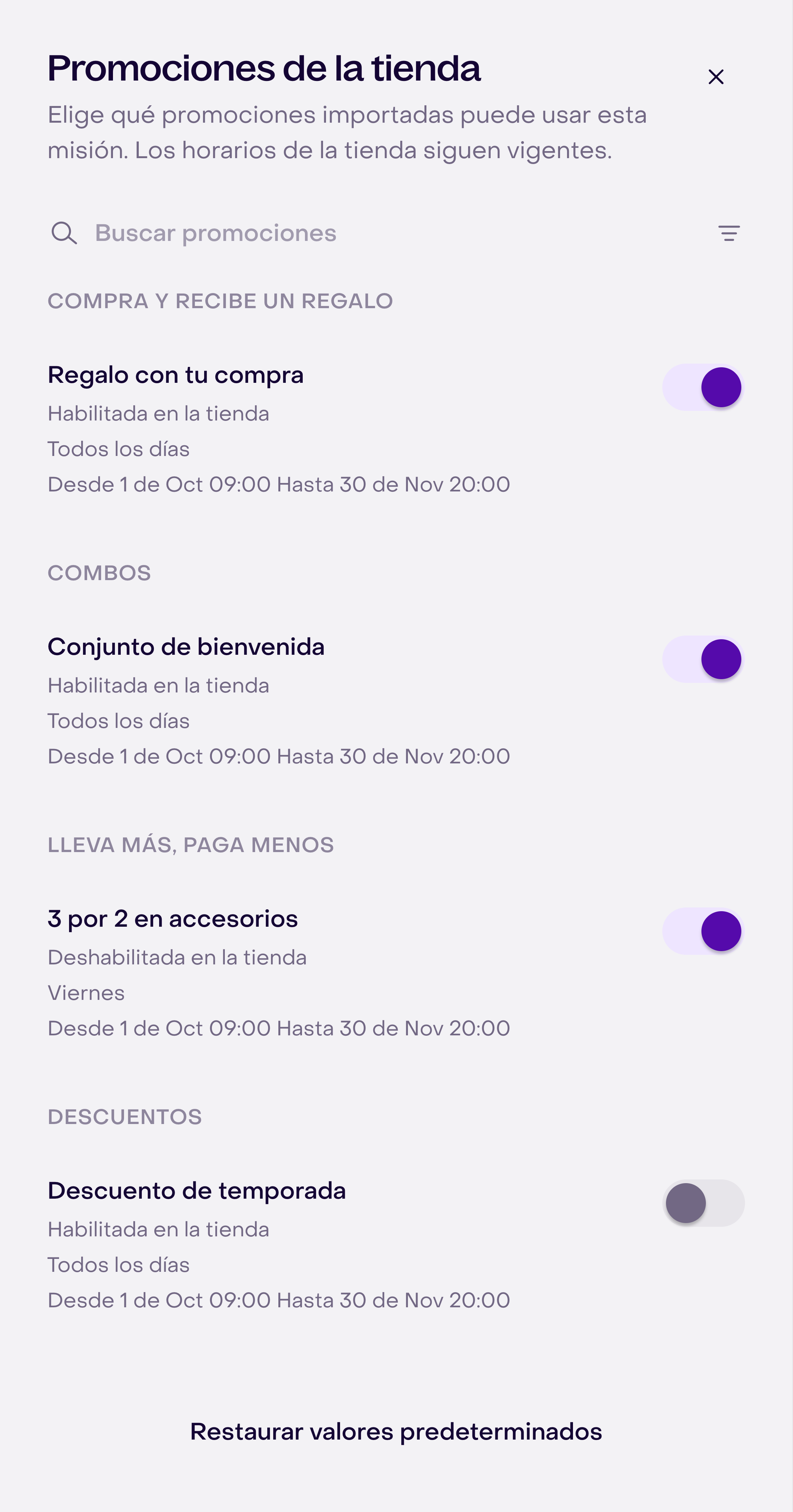 Panel de promociones de la tienda con promociones ficticias, horarios y controles de inclusión para la misión.
