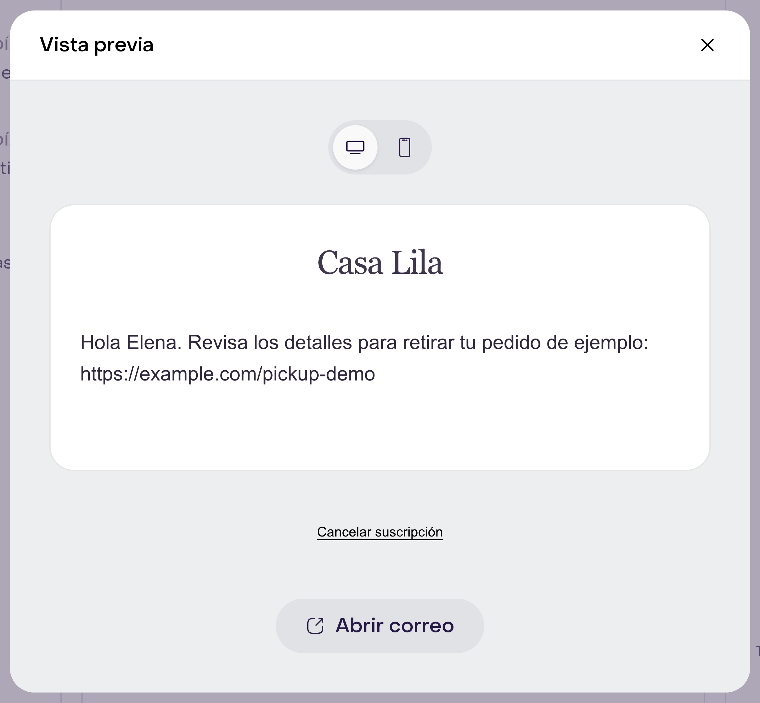 Vista previa del borrador de Casa Lila, con el mensaje de ejemplo, el pie y el selector de escritorio y móvil.