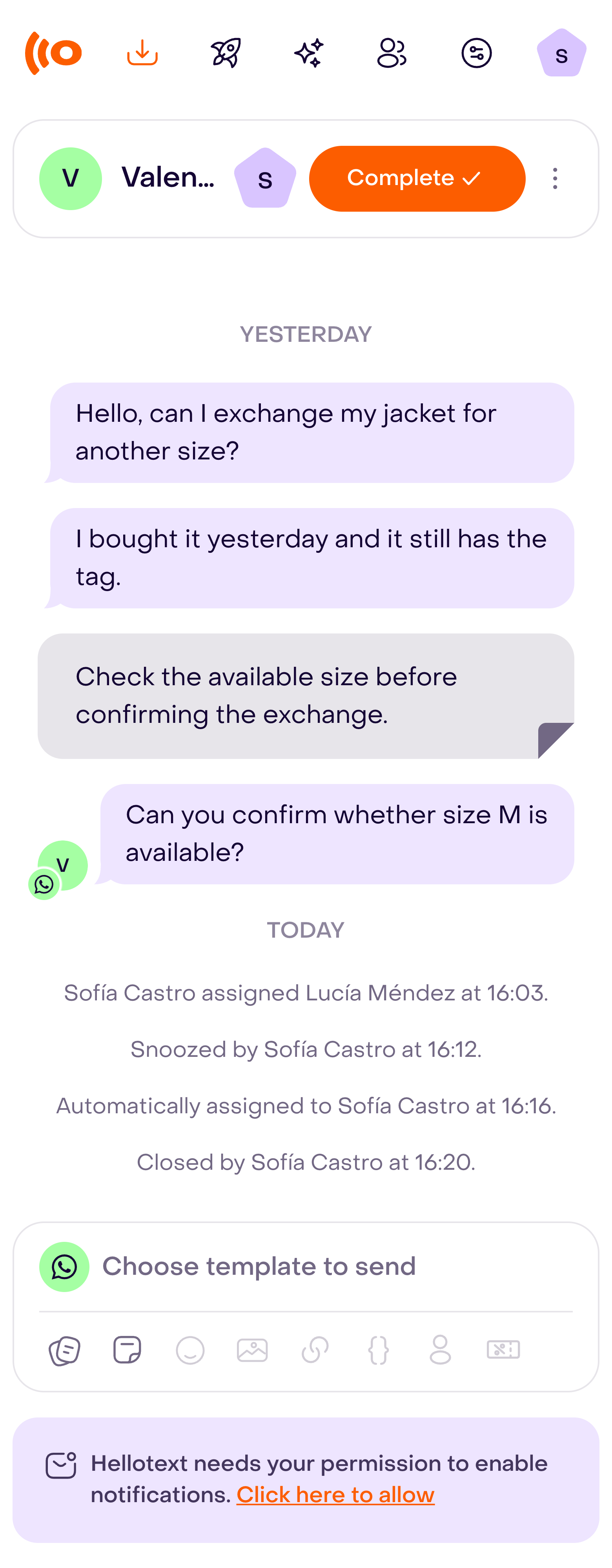 Reopened Inbox conversation with its human assignee and active controls visible.