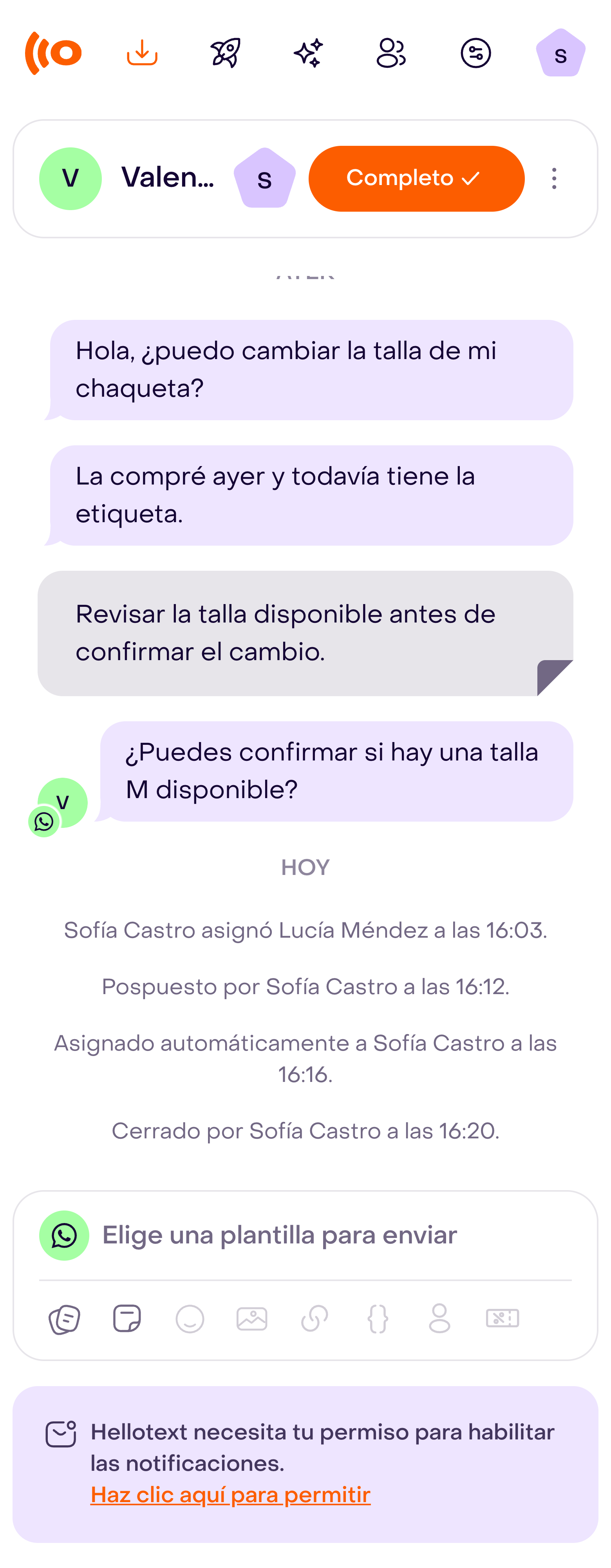Conversación reabierta en el Inbox, con su responsable humano y los controles activos visibles.