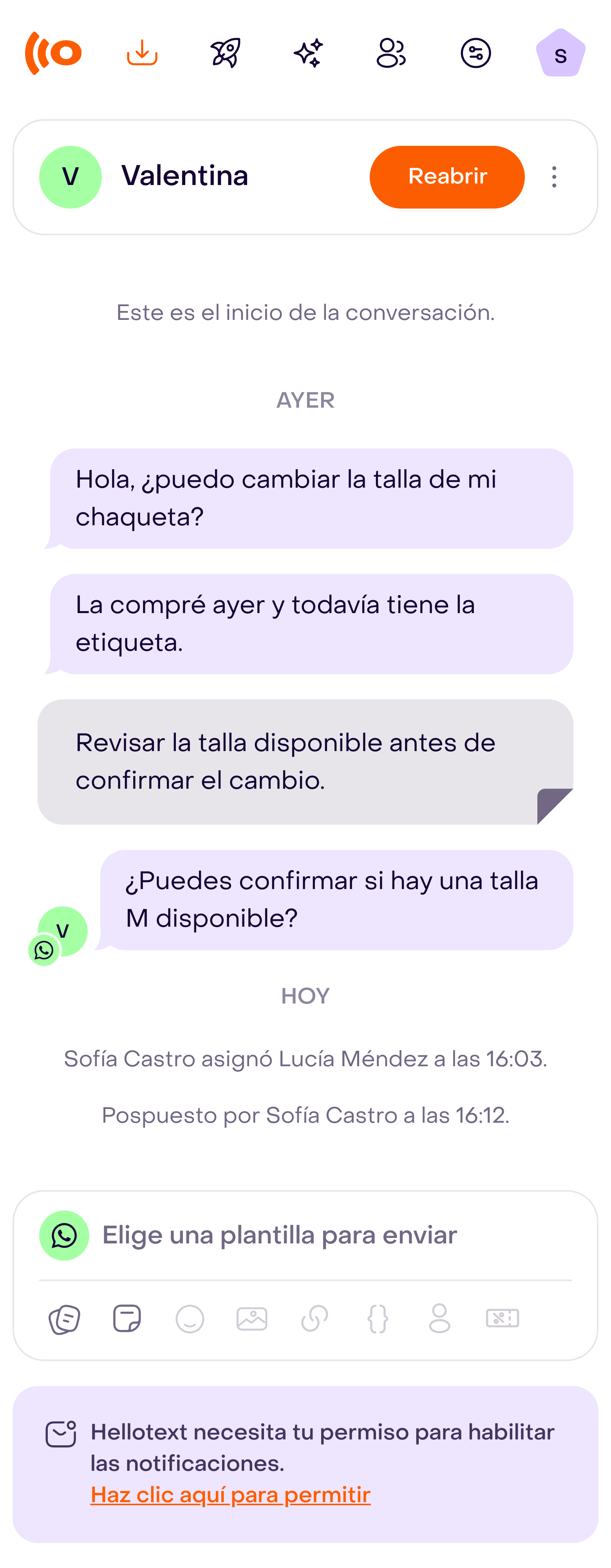 Conversación pospuesta en el Inbox, con Reabrir y el registro de Posponer visibles.