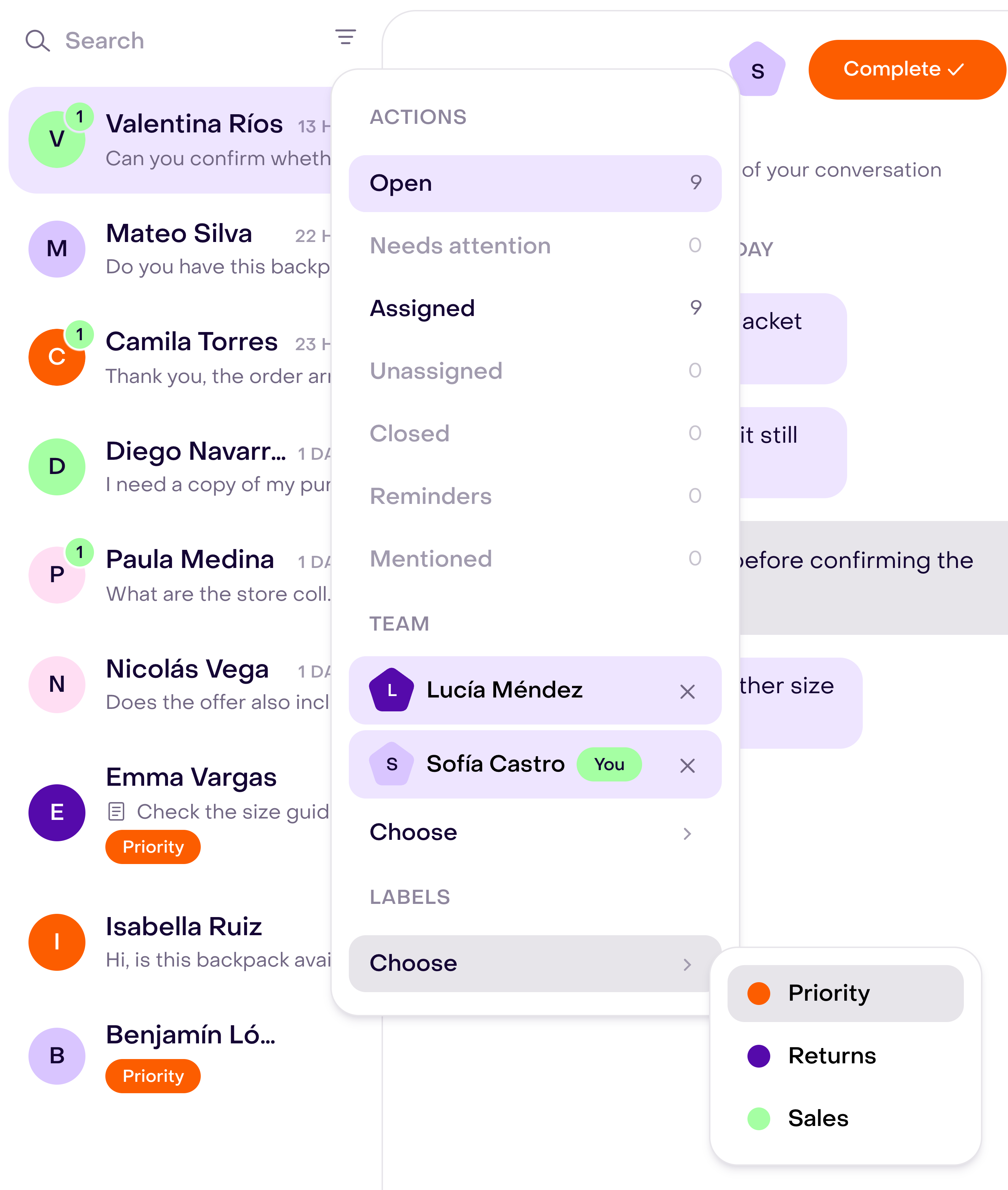 Inbox Show filters menu with Labels and the Choose selector open, available labels, and the conversation list behind it.