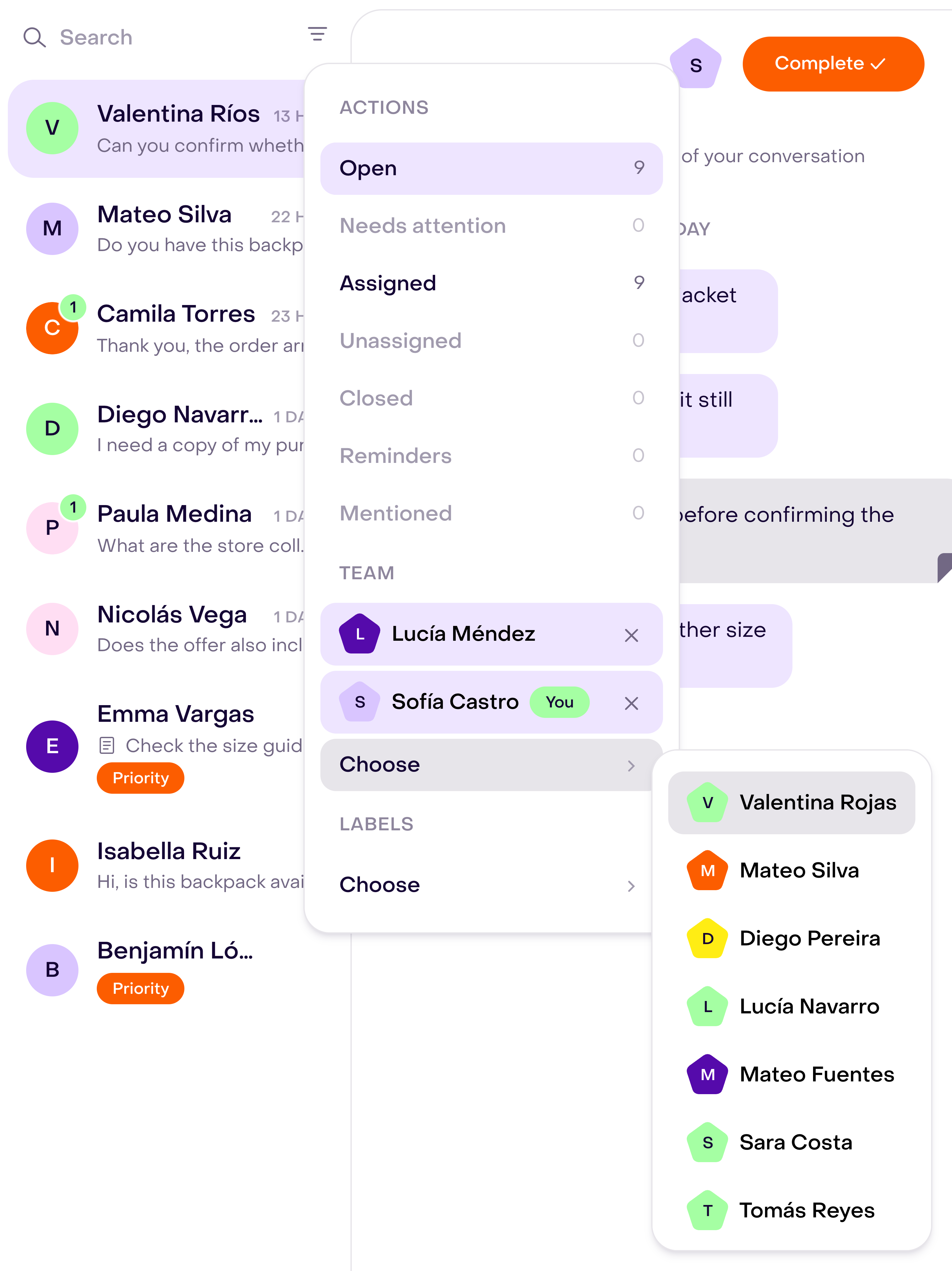 Inbox Show filters menu with Team and the Choose selector open, available teammates, and the conversation list behind it.