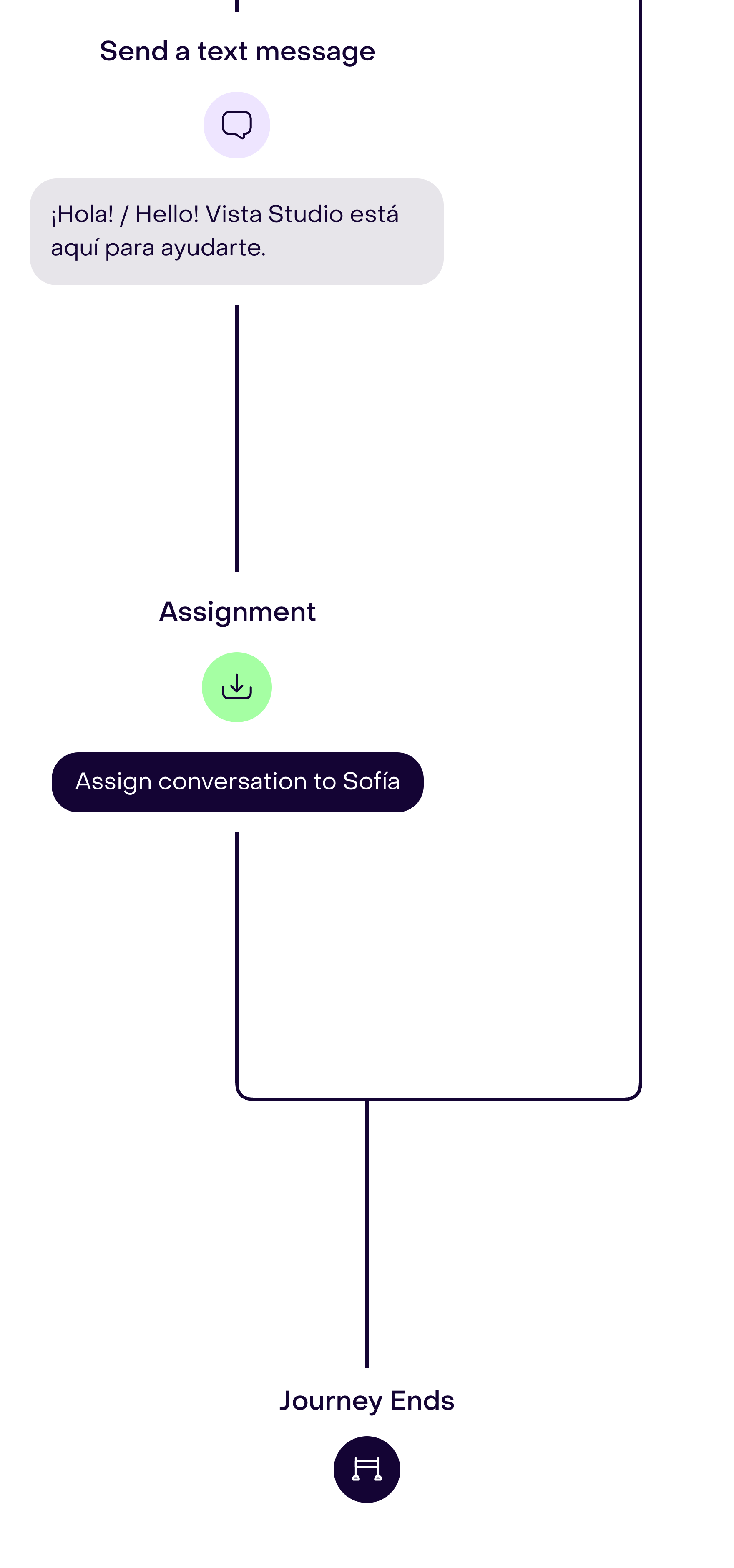 Fictional example fragment with the message connected to assignment to Sofía and then to Journey Ends; the else branch also reaches the end.