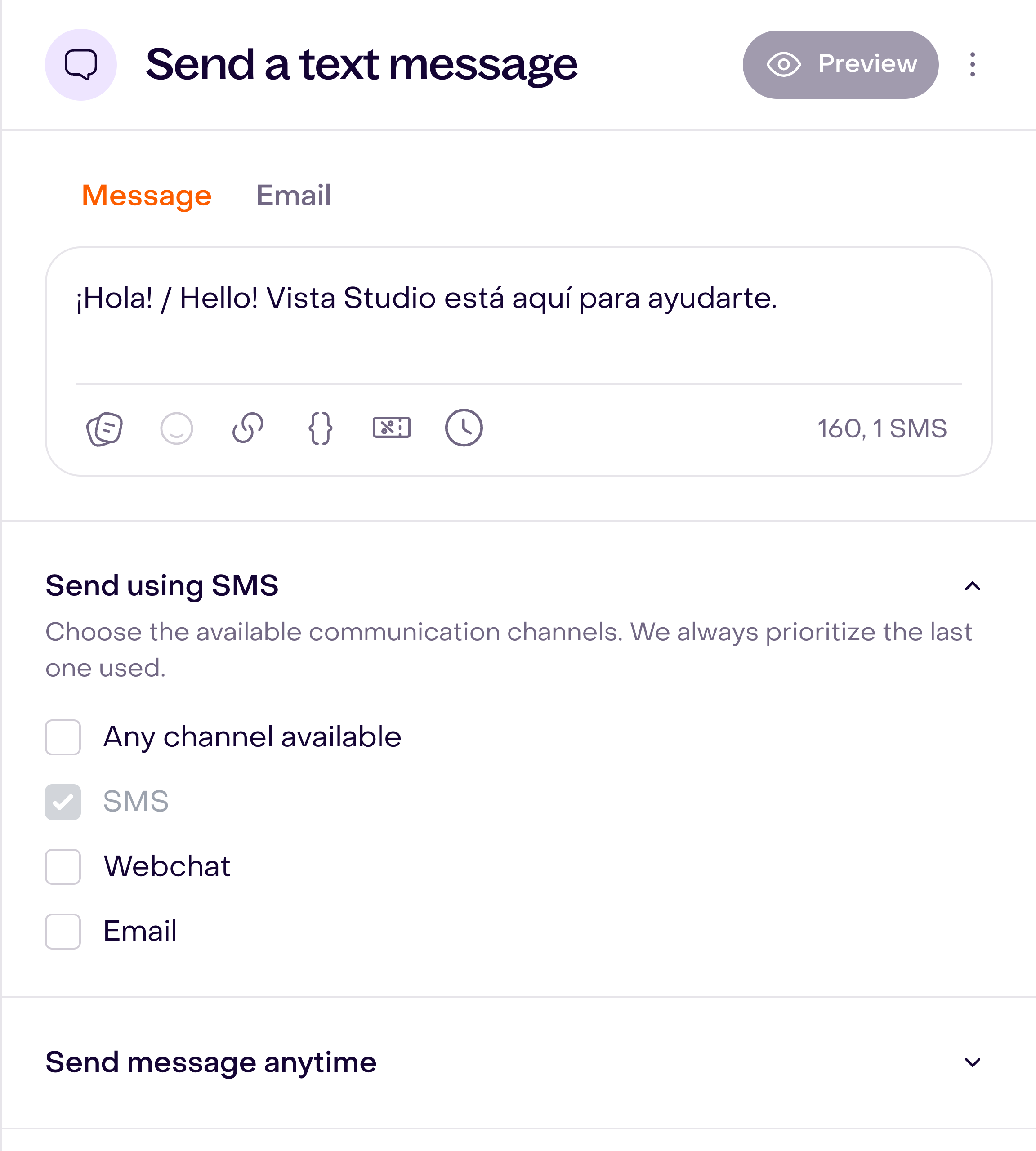 Send a message editor with a fictitious Vista Studio greeting and SMS selected among the channel options.