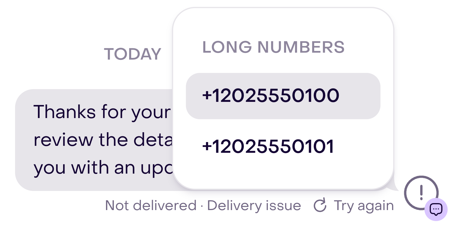 Real Try again menu open beside Delivery issue, with two fictional mobile numbers. No sender was selected.