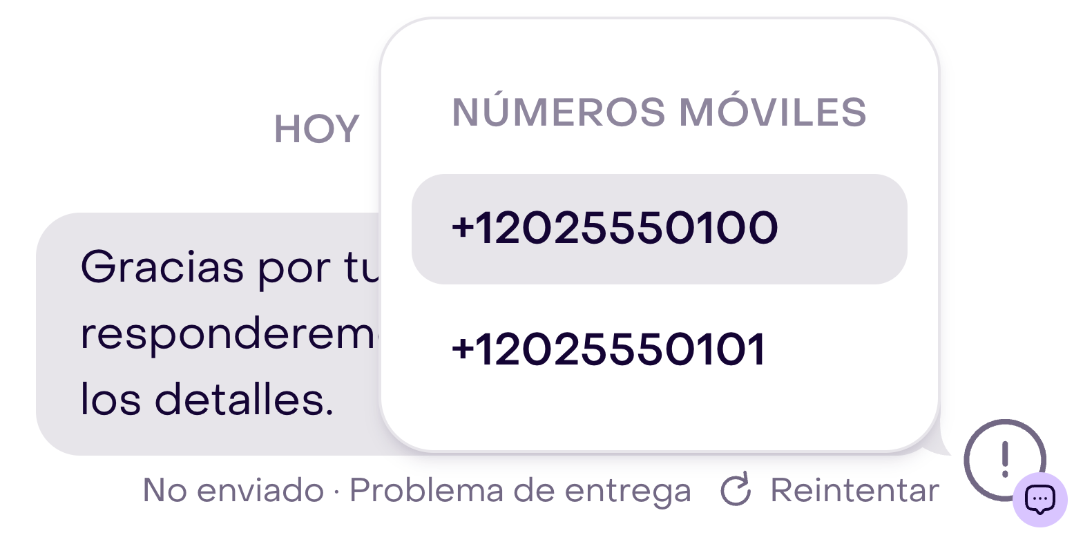Menú real de Reintentar abierto junto a Problema de entrega, con dos números móviles ficticios. No se seleccionó ningún remitente.
