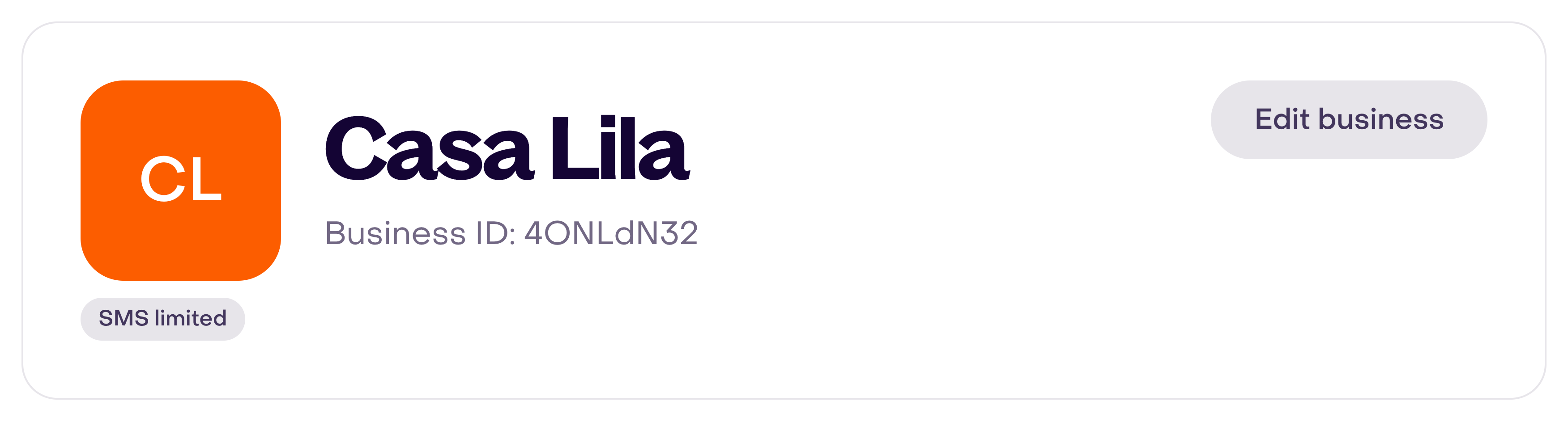Real Settings panel for the fictional business Casa Lila. SMS limited appears below the business identification.