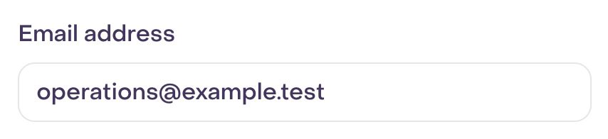 Fictional email operations@example.test in a new invitation, neither saved nor sent.