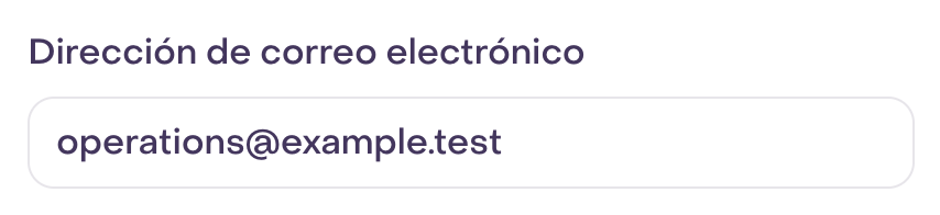 Correo ficticio operations@example.test en una invitación nueva sin guardar ni enviar.