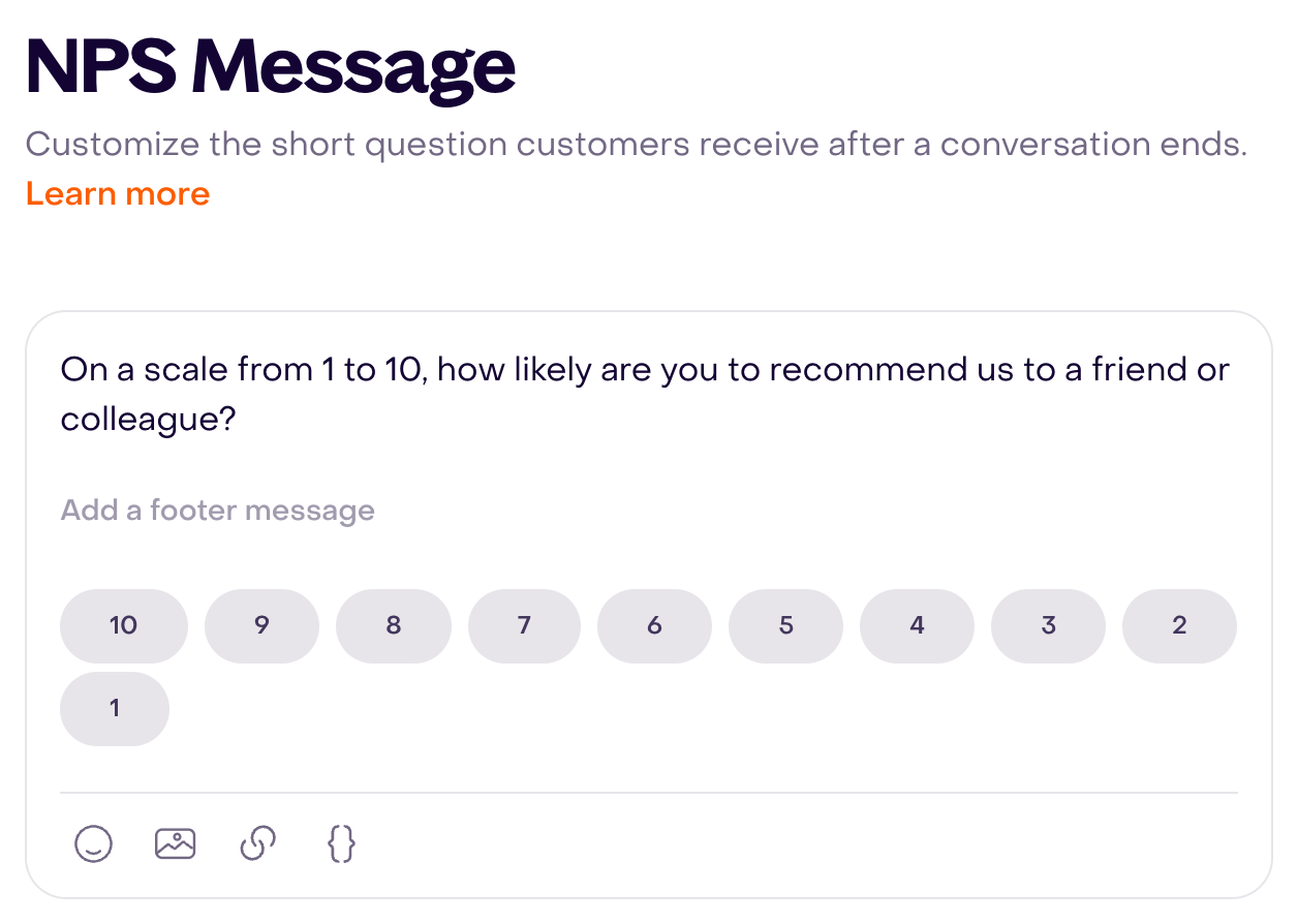 Default NPS question and ten fixed, unselected buttons from 10 to 1 in a fictional account’s message editor.