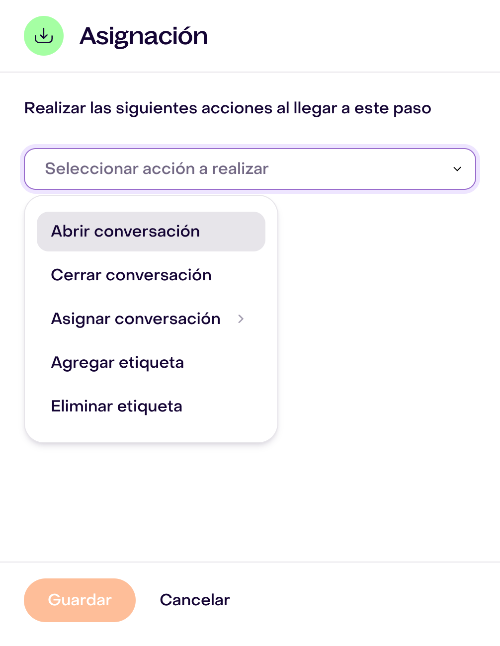 Cinco acciones del paso Asignación de ruta