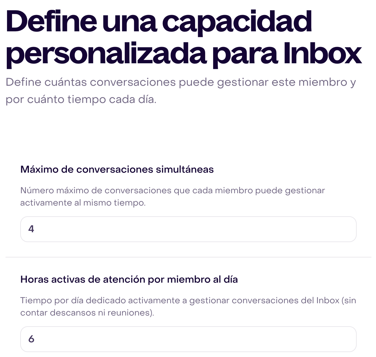 Campos reales de capacidad personalizada de Lucía ficticia: 4 conversaciones y 6 horas existentes, sin guardar cambios.